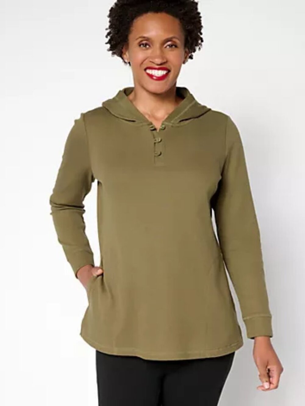 Denim & Co. Active Petite Waffle Knit Hooded Henley Tunic, Olive Sz 1XP a698041